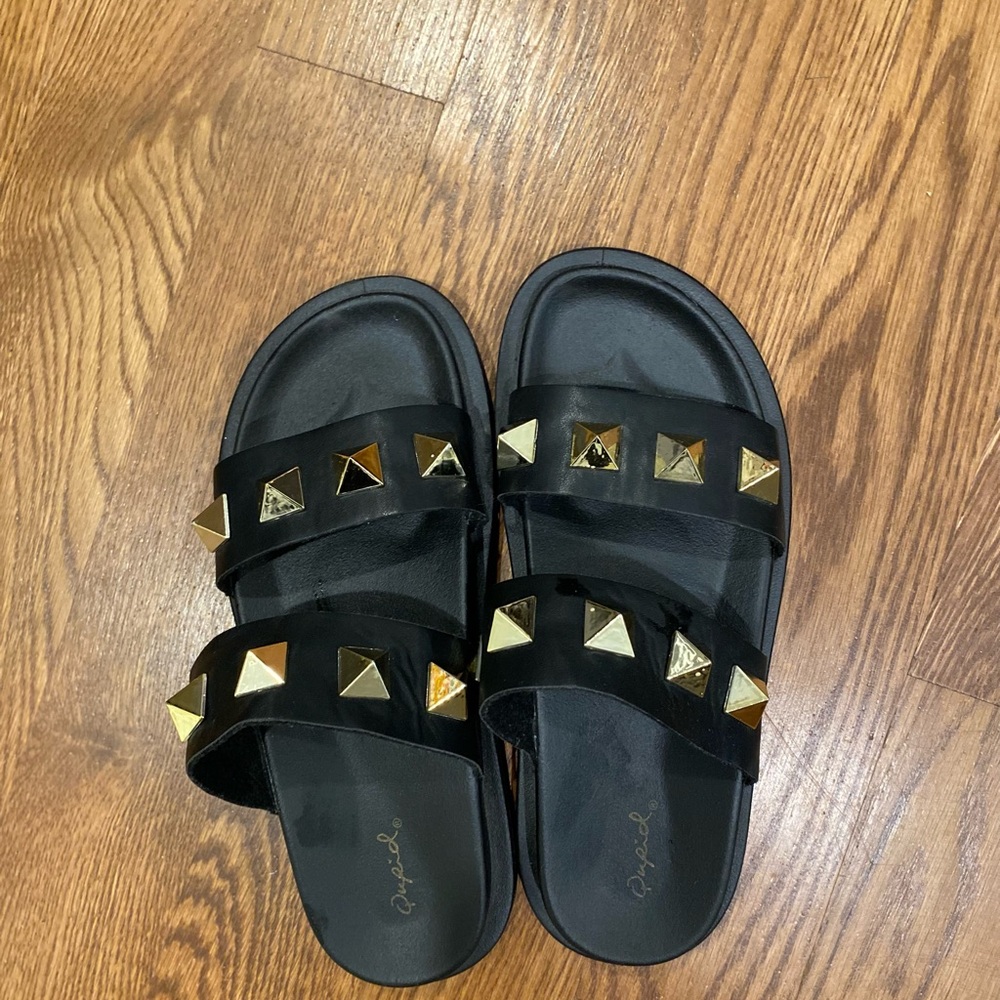 Qupid Black and Gold Studded Flats